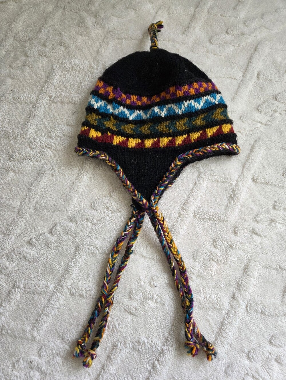 ​Boho Chullo Knit Ear Flap Beanie Hat Tribal Colorful Pattern Braided Ties One S